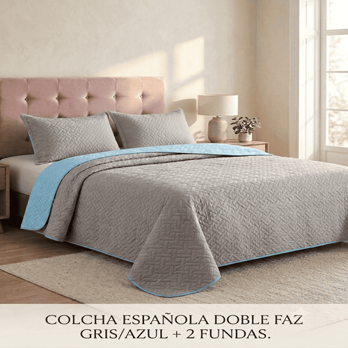 Colcha Española Doble Faz (Gris / Azul Claro) + 2 Fundas