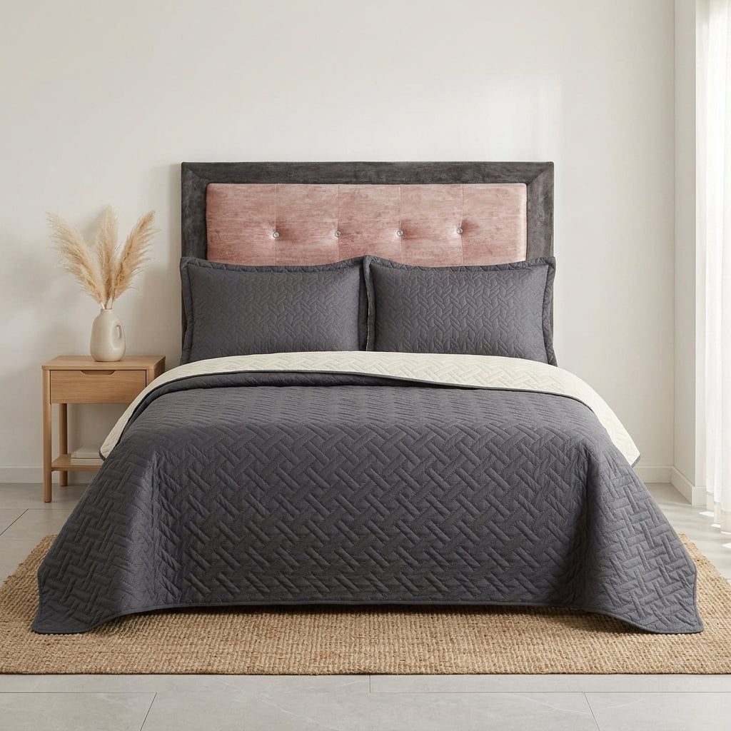 Colcha Española Doble Faz (Gris / Márfil) + 2 Fundas