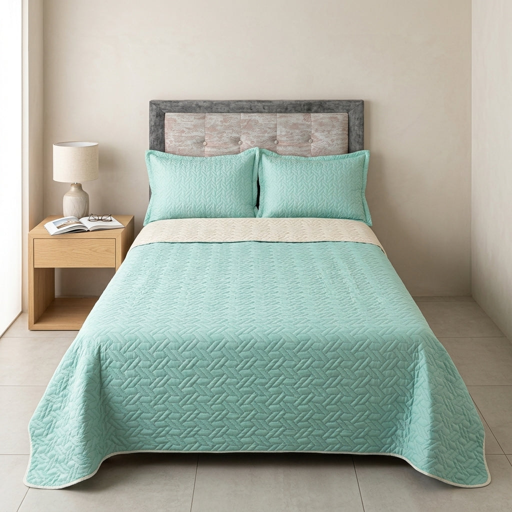 Colcha Española Doble Faz (Márfil / Verde Menta) + 2 Fundas