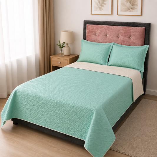 Colcha Española Doble Faz (Márfil / Verde Menta) + 2 Fundas