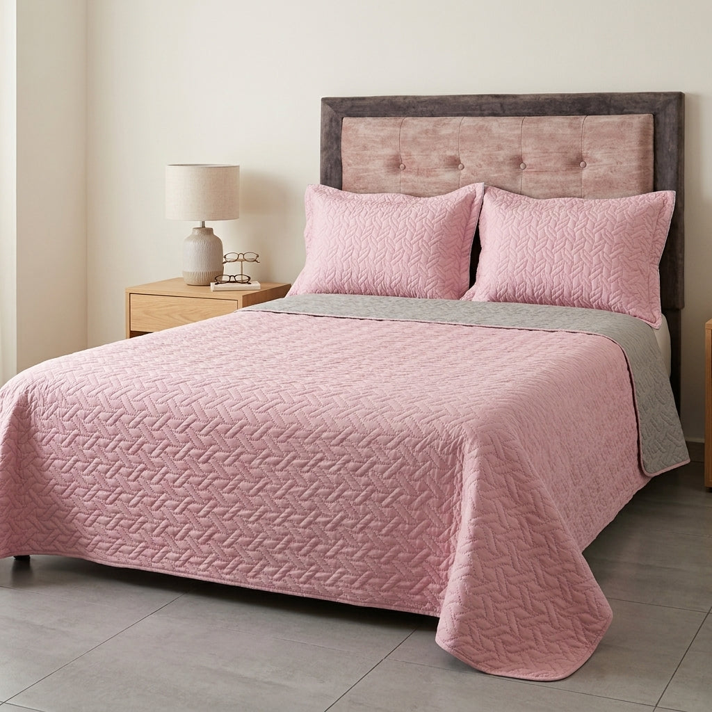 Colcha Española Doble Faz (Gris / Rosa Claro) + 2 Fundas