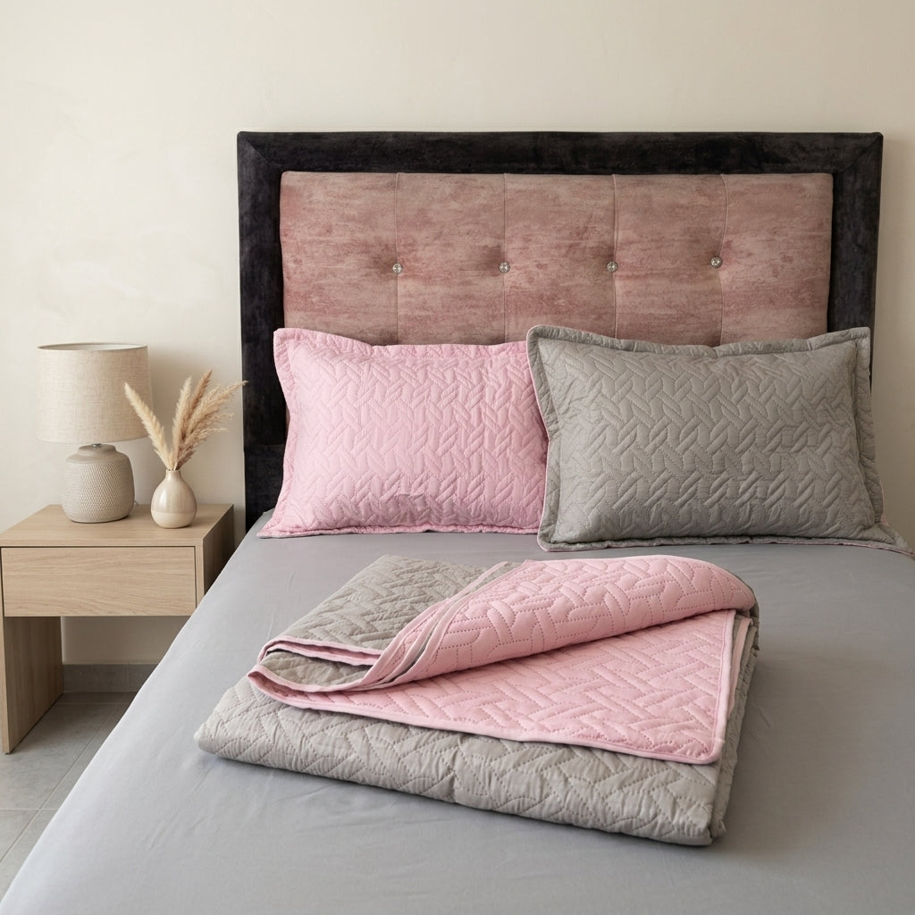 Colcha Española Doble Faz (Gris / Rosa Claro) + 2 Fundas