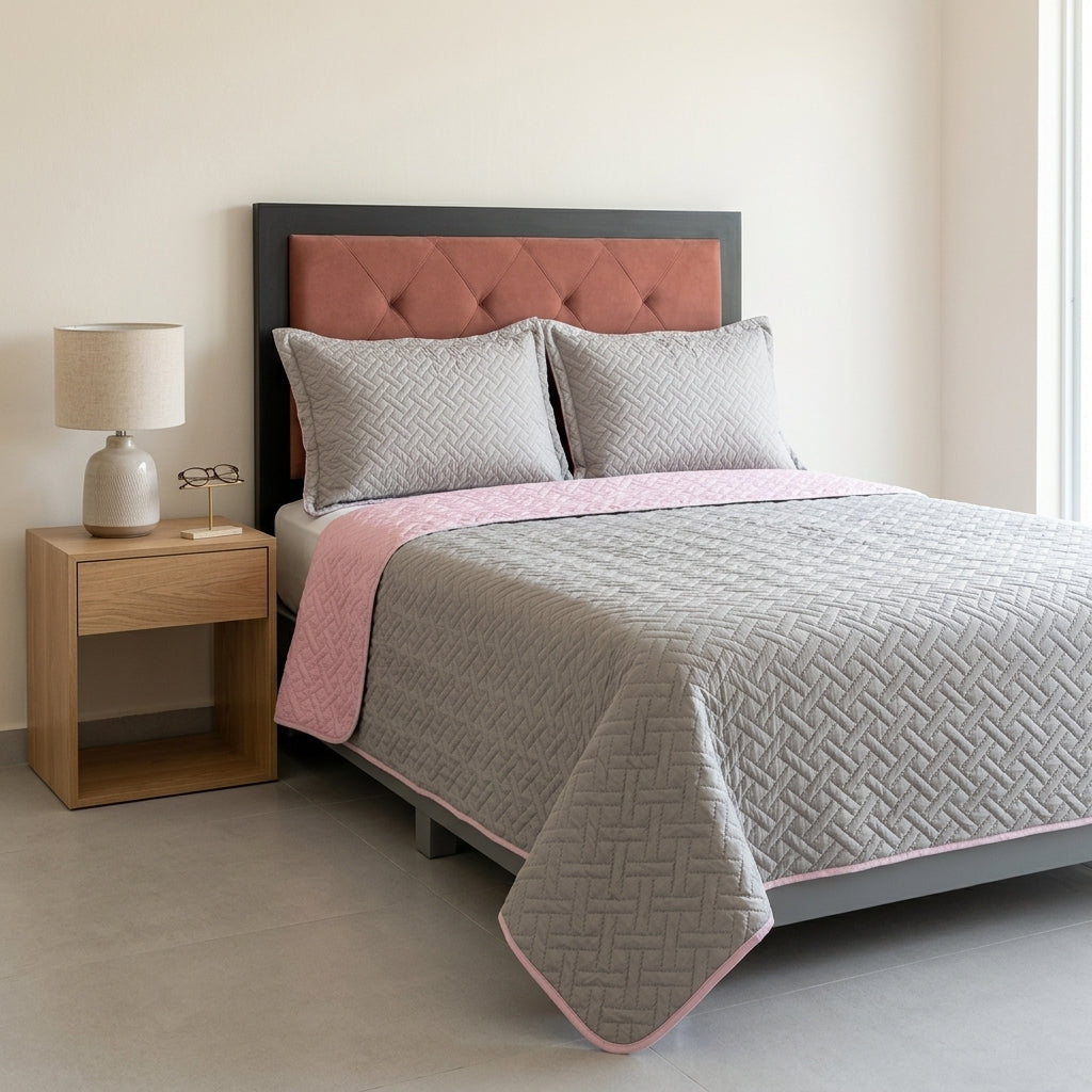 Colcha Española Doble Faz (Gris / Rosa Claro) + 2 Fundas