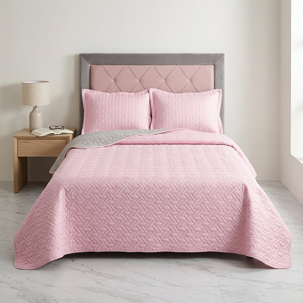 Colcha Española Doble Faz (Gris / Rosa Claro) + 2 Fundas