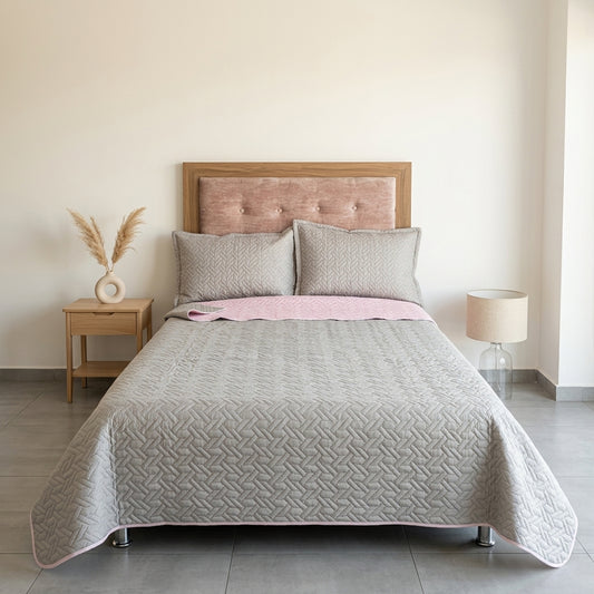 Colcha Española Doble Faz (Gris / Rosa Claro) + 2 Fundas