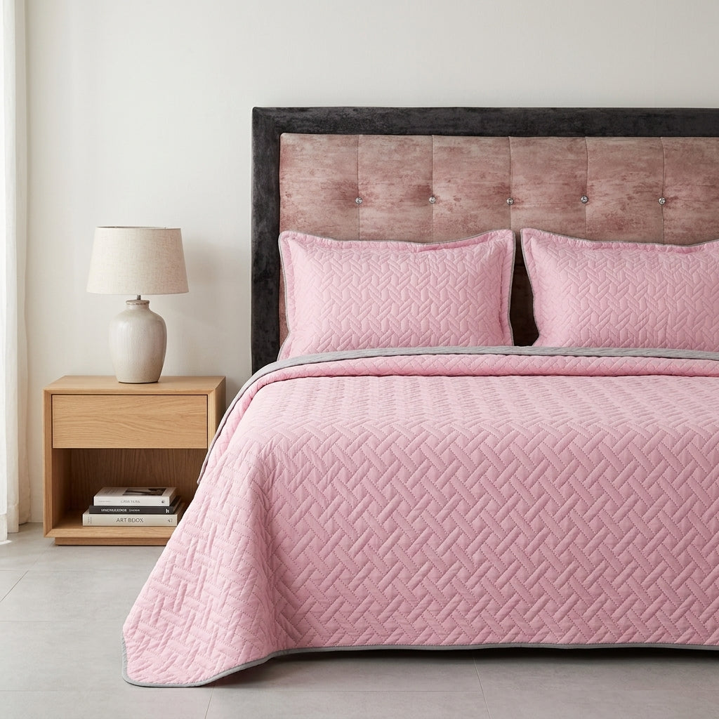 Colcha Española Doble Faz (Gris / Rosa Claro) + 2 Fundas