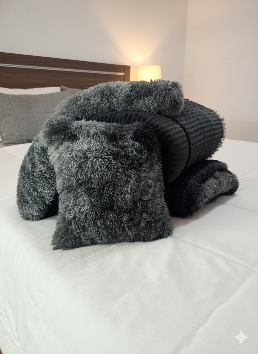 Edredón Peluche Térmico 5 Piezas Negro/Gris
