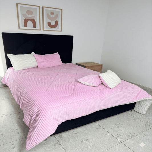 Edredón Doble Faz De 5 Piezas Color Rosa-Márfil